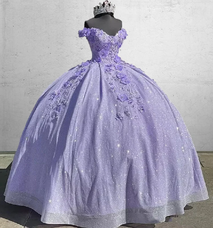 Off the Shoulder Lavender Sequin 3D Floral Quinceanera Dresses Boohoo floral dresses